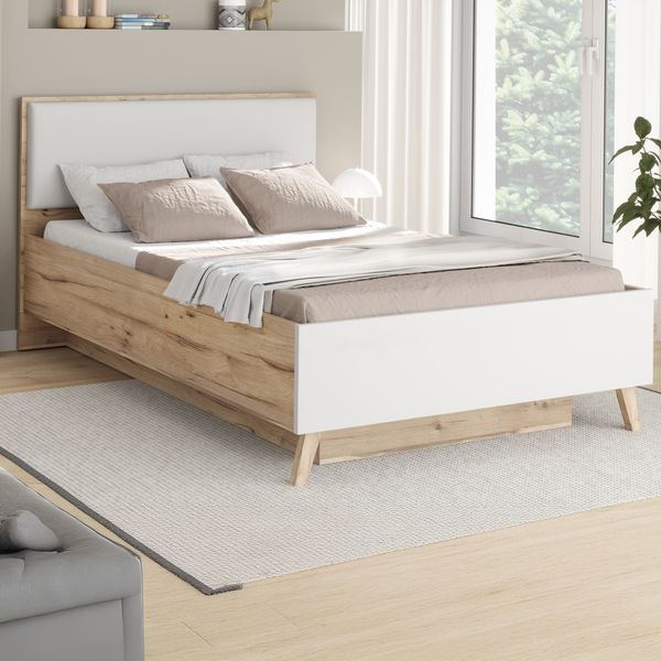 Forte VANKKA Bettgestell, Liegefläche: 120 x 200 cm, Skandi Bett mit Polsterkopfteil, Schlafzimmer, Holzwerkstoff, Planked Eiche Holzdekor, 127,4 cm breit x 94,2 cm hoch x 206,5 cm tief