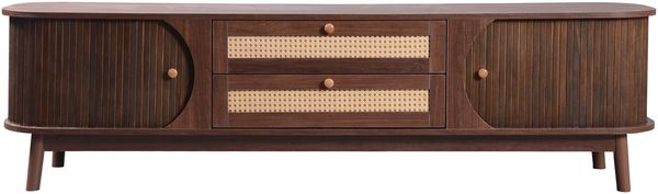 Merax TV-Schrank - Natürlicher Holz-Blend TV-Schrank mit Türen und Schubladen, Natürlicher Landhausstil, Holzfarbe & hellgelb