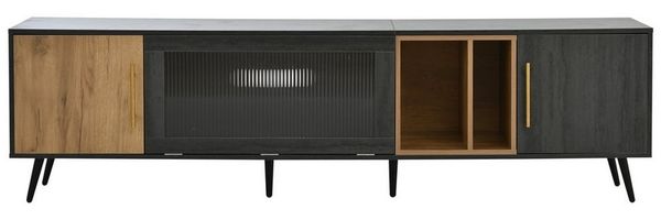 KLAM HOME Lowboard Eleganter TV Lowboard In Grau Mit Holzmaserung (200cm TV Schrank Für Bis Zu 90 Zoll Fernseher), Moderner TV Unterschrank Mit Klapptür Aus Glas