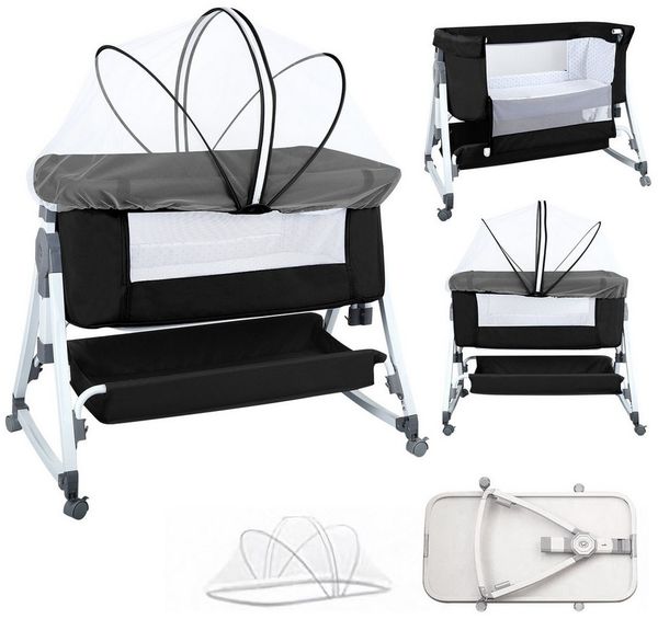 JEOBEST Beistellbett 3 in 1 Babybett, Schaukelmodus, mit atmungsaktivem Netz und Laken, mit Rollen Kinderbett, 6-Fach Höhenverstellung, Moskitonetz, Lagerung