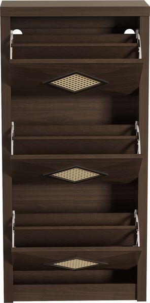 Schuhschrank mit 3 Klappfächern in Holzoptik und Rattan-Dekor, platzsparender hoher Schuhorganizer, Retro Schuhkommode für Flur und Eingangsbereich Bild 7