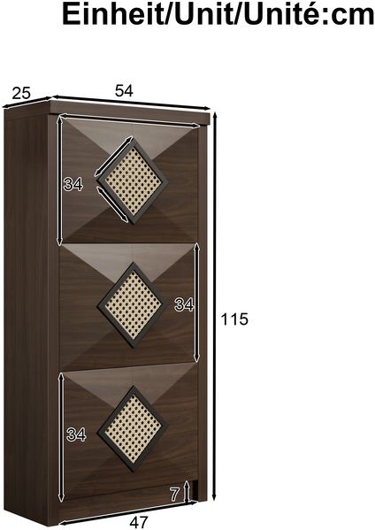 Schuhschrank mit 3 Klappfächern in Holzoptik und Rattan-Dekor, platzsparender hoher Schuhorganizer, Retro Schuhkommode für Flur und Eingangsbereich Bild 10