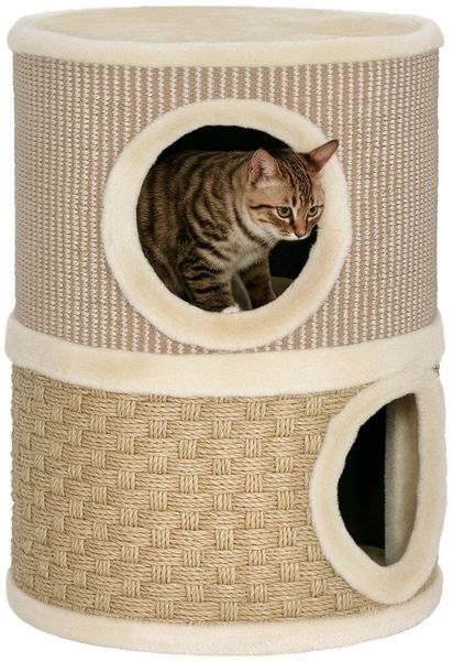 PawHut Kratztonne mit Plüschrand, Kratzmatte, 2 Höhle, (35,5 cm zweistöckige Katzentonne, 1-tlg, 49 cm hoch Kratzbaum), aus Sisal, für Katzen unter 4 kg, Khaki+Kaffee