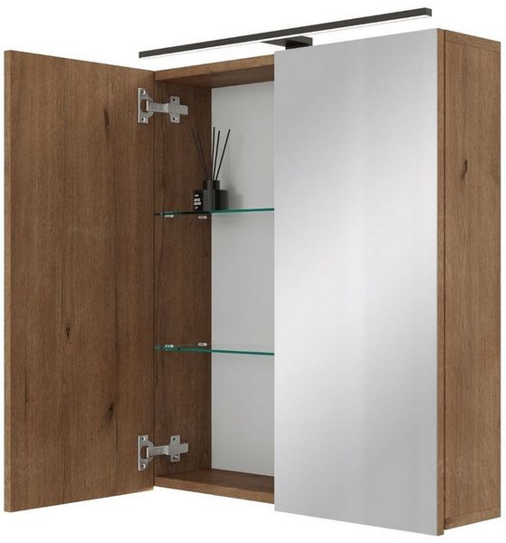 Planetmöbel ARIA Spiegelschrank Bad mit Beleuchtung 60 cm breit | Badschrank hängend mit Spiegel | Gold Eiche, mit Leuchte und Steckdose, Spiegelschrank Gäste WC 60 x 70 x 16 cm