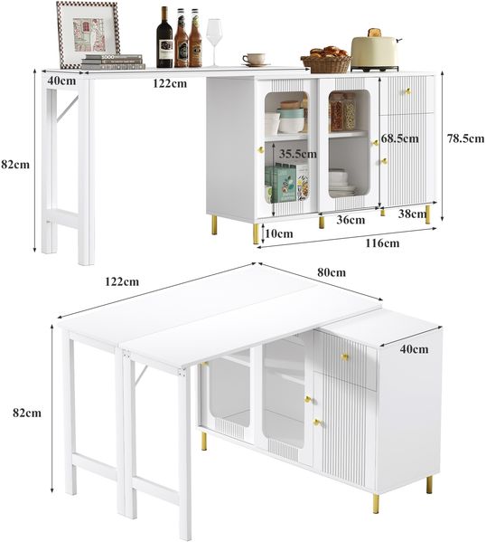 Sideboard 116x40x78,5 cm, weiß, mit erweiterbarer Tischplatte, Schiebetüren aus gehärtetem Glas und goldenen Metallbeinen Bild 4