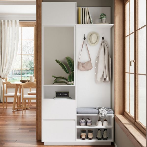 Merax Garderoben-Set 5-in-1 Kompaktgarderobe Scandi Garderobenkombination, (1-St, 90 L × 34,5 B × 190 H (cm), Flurgarderoben Set mit Spiegel Sitzbank Schuhregal Schubladen & Haken