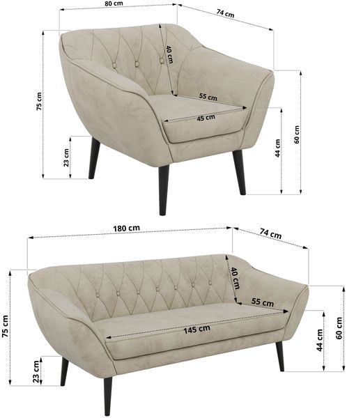 Wohnzimmerset, Möbelset PIRS 3-3-1, Armlehnen, Wellenfederung, schwarze Füße, Dreisitzer Sofas mit Sessel, Polstermöbel Set - Beige Velvet Bild 5
