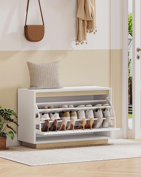 Schuhbank mit Sitzfläche, Schuhschrank mit Kippen, Platzsparend Schuhregal, 12Fächer, Herausnehmbare Regale, Wohnzimmer, Flur, Eingang, 30 x 75 x 53 cm, Weiß