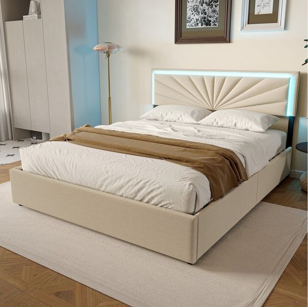 Gdood Polsterbett Stauraumbett LED Doppelbett (inkl. Verstellbare Kopfteilhöhe, Vier Schubladen), Sonnenstrahlmuster, Mit LED-Beleuchtung, Leinen, 140x200 cm