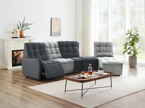 Vente-unique - Ecksofa mit Relaxfunktion verstellbar - Samt - Hellgrau & Anthrazit - ALFORD