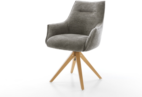 Drehstuhl Alja-Flex mit Armlehnen Bouclé Soft Schlamm Holzgestell kantig Natur 180° drehbar Taschenfederkern