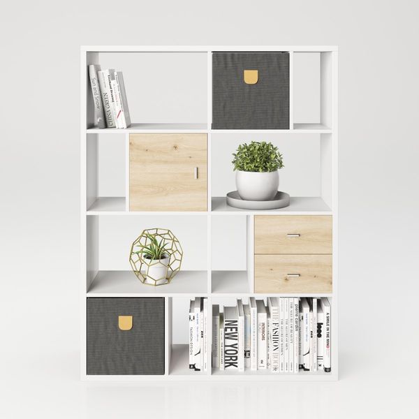 Fortuna - Bücherregal, Büroregal, Raumteiler mit 12 Fächern, asymmetrische Aufteilung, weiß