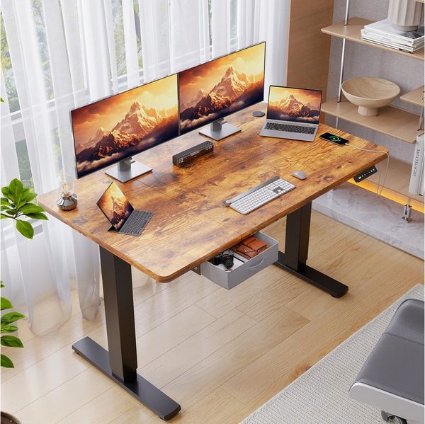 HOMALL Schreibtisch mit Memory-Funktion, höhenverstellbar, breitere Tischplatten (Tischbreite 140/160/180*80 cm, mit Schublade, ausgestattet mit USB-Ladeanschluss, bestehend aus vier Platten)