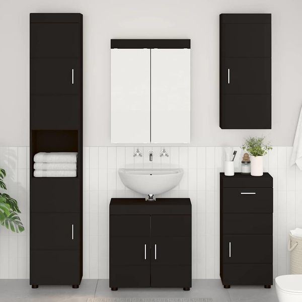 vidaXL 'TULUM' Badezimmer-Wandschrank mit Tür, Holzwerkstoff Schwarz, 37 x 24,5 x 86 cm