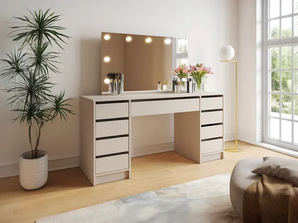 Vente-unique - JENEMI Schminktisch Holz, Platte Beige - B 53,6 cm x H 142,6 cm x L 152,3 cm