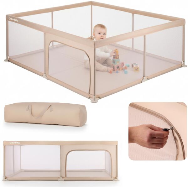 sun baby Laufstall 150x200 cm 0-2 Jahre Beige, Polyester, Netzwände, Eingang mit Reißverschluss, rutschfeste Füße, Tragetasche im Set, Metallrahmen