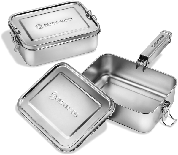 BURNHARD® Camping Kochgeschirr Edelstahl, 1,2 l, All-in-One Cooking, multifunktional, 6,5 x 19 x 14,5 cm – Universal & JONES Serie, Silber