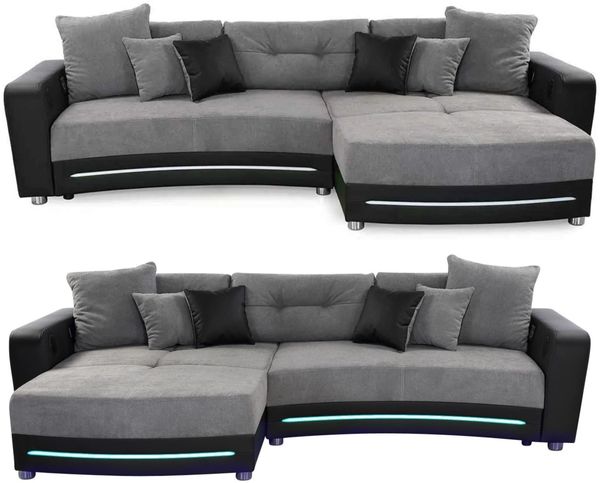 Multimedia-Ecksofa Couch mit RGB-LED Bluetooth Soundsystem USB in Grau / Schwarz