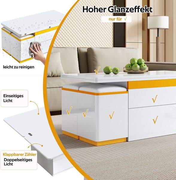 Couchtisch 100 x 50 x 43 cm, höhenverstellbar & klappbar, mit 4 Hockern und Stauraum Bild 8