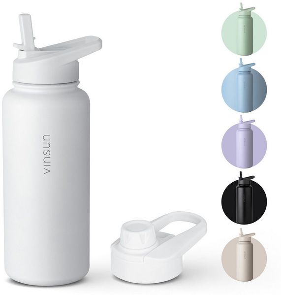Vinsun Isolierflasche Edelstahl Trinkflasche 1L Strohhalm - 2 Deckel Thermoflasche BPA frei, Doppelwandig isoliert, auslaufsicher, bruchsicher, Geruchsneutral