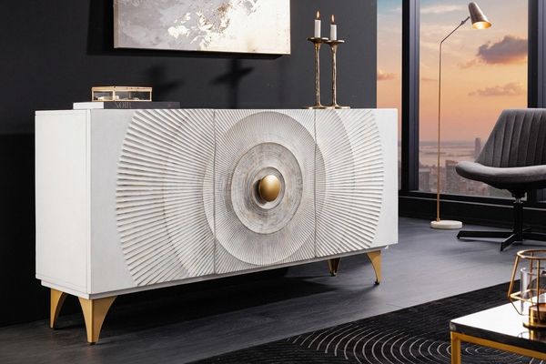 riess-ambiente Sideboard GOLDEN SUNSET 140cm weiß/gold - Massivholz, 3D-Front, Soft-Close (Einzelartikel, 1 St), handgefertigt mit viel Stauraum – ideal für Wohnzimmer & Esszimmer