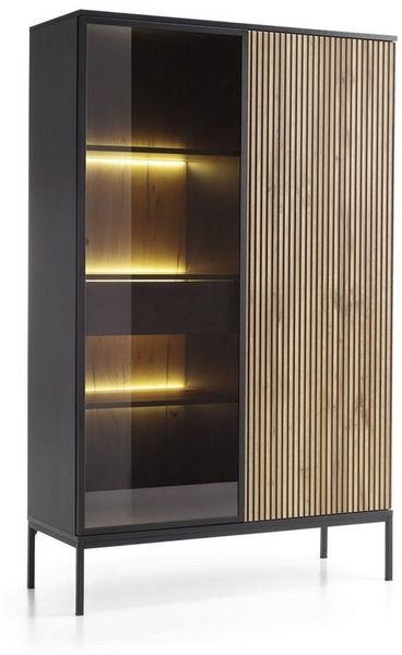 MOEBLO Highboard Sentino WTSZ104 LED (mit LED-Beleuchtung, Schwarz + Eiche Wotan Schlafzimmer Komodenschrank, Schrank mit gefräster Front, Sideboard Wohnzimmer Kommode), (BxHxT):104x166x39cm
