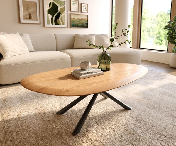 Couchtisch Edge Oval 140x75 cm Eiche Natur Runde Kante Sarity Metall Schwarz