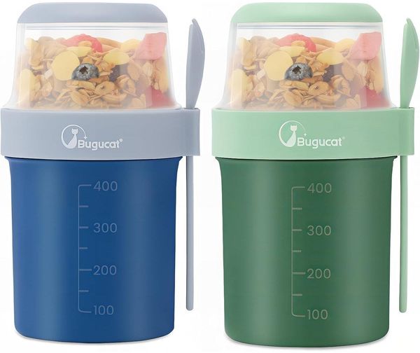 Bugucat 2in1 Müslibecher to Go Set 560ml+310ml Yoghurt Salatbecher Blau+Grün