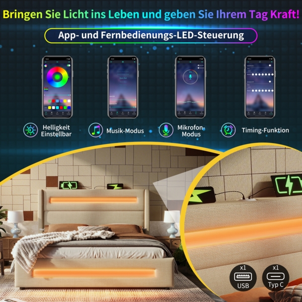 Merax Polsterbett, Doppelbett 180x200 cm, mit LED, Stauraumbett mit hydraulischem Stauraum und USB Type-C Aufladen, Leinen, Beige Bild 5