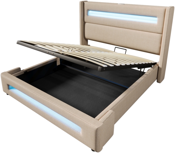 Merax Polsterbett, Doppelbett 180x200 cm, mit LED, Stauraumbett mit hydraulischem Stauraum und USB Type-C Aufladen, Leinen, Beige Bild 9