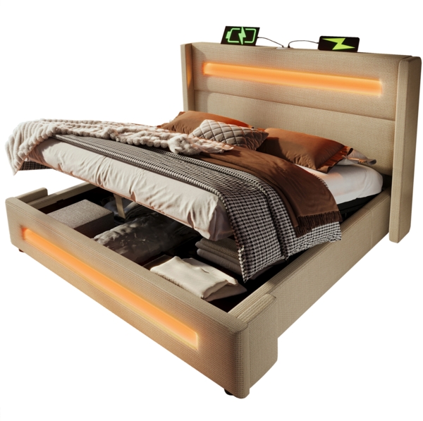 Merax Polsterbett, Doppelbett 180x200 cm, mit LED, Stauraumbett mit hydraulischem Stauraum und USB Type-C Aufladen, Leinen, Beige Bild 10