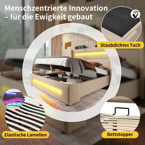 Merax Polsterbett, Doppelbett 180x200 cm, mit LED, Stauraumbett mit hydraulischem Stauraum und USB Type-C Aufladen, Leinen, Beige Bild 6