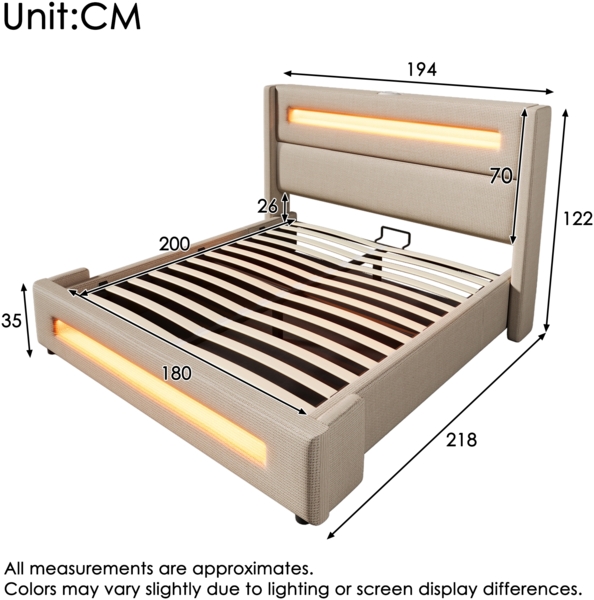 Merax Polsterbett, Doppelbett 180x200 cm, mit LED, Stauraumbett mit hydraulischem Stauraum und USB Type-C Aufladen, Leinen, Beige Bild 4