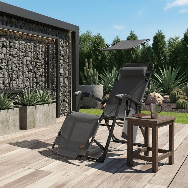 CampFeuer Gartenliege Sonnenliege mit Dach, Anthrazit, Campingliege, Liegestuhl, Klappbar