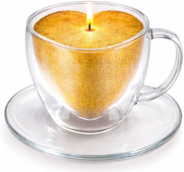 Duftkerze in Herz Tasse Doppelwandigem Glas + Unterteller Gold