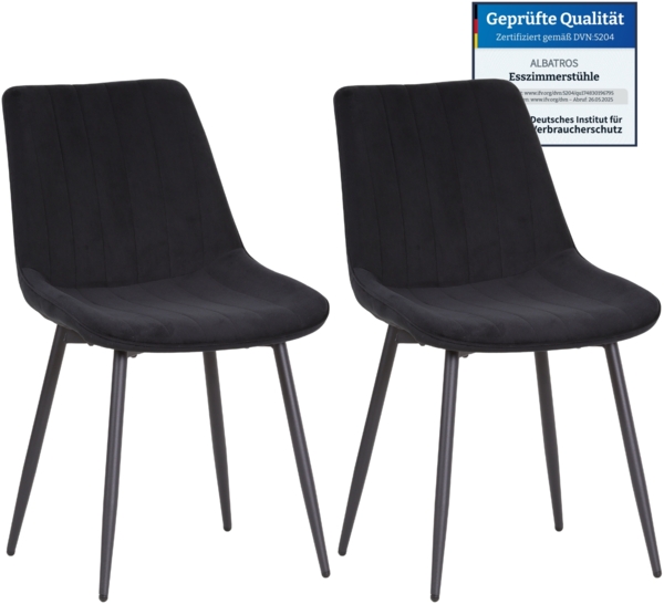 Albatros BOSA Samtstuhl Schwarz – 2er-Set Esszimmerstühle im modernen Retro-Design, gepolstert & ergonomisch, DEKRA-geprüft, pflegeleichter Bezug