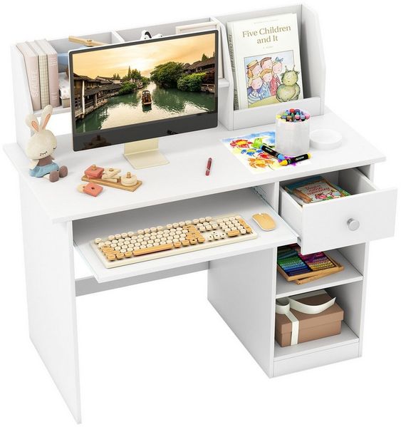 COSTWAY Kinderschreibtisch, mit Schublade, Bücherregal & Tastaturablage