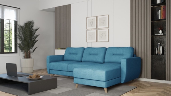 Ecksofa mit Schlaffunktion MARLIES Stoff Opera Velvet Blau Ottomane Rechts