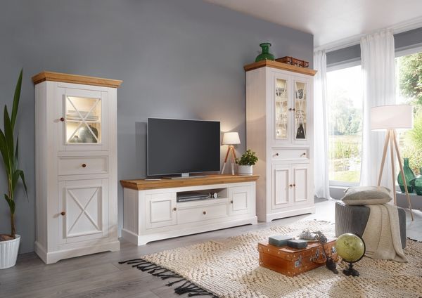 Wohnwand >WZ-0133< (3-teilig) weiss / eichefarbig - 377x214x42 (BxHxT)