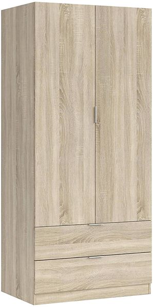Dmora Kleiderschrank 2 Türen Appadu, Schlafzimmerschrank mit 2 Schubladen, Schrank mit Kleiderstange, 81x52h180 cm, Eiche