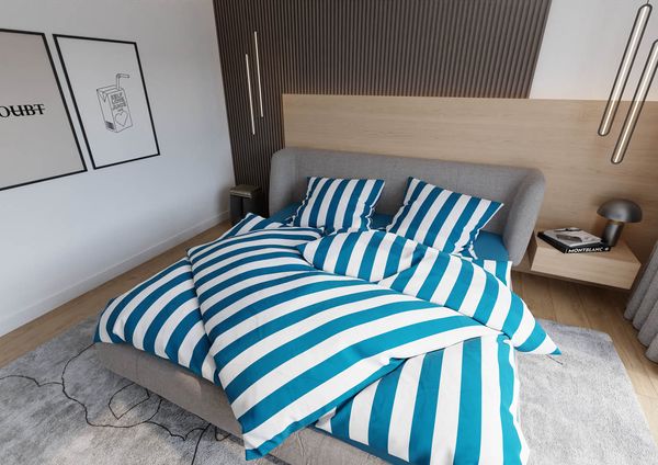 Mako Satin Bettwäsche Blocksteifen petrol blau 135x200 + 80x80