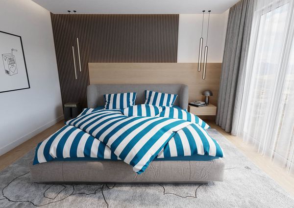 Mako Satin Bettwäsche Blocksteifen petrol blau 135x200 + 80x80