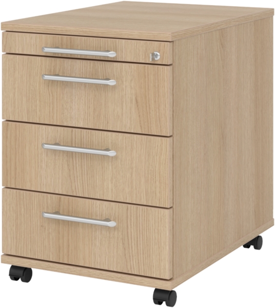 bümö Rollcontainer mit Schubladen, Container abschließbar aus Holz in Eiche - Rollwagen für's Büro als Schreibtisch Unterschrank, Bürocontainer od. Schreibtischcontainer mit Relinggriffe, AC30-E-E-RE