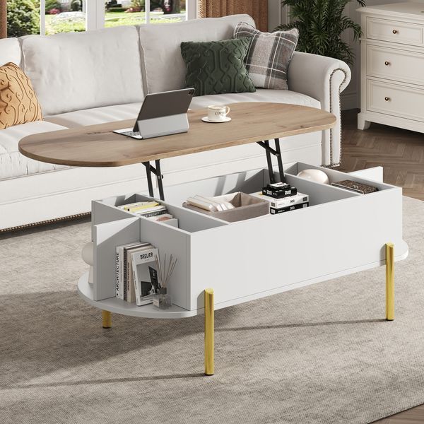 Merax Couchtisch Wohnzimmertisch Kaffeetisch mit Höhenverstellbarer Platte, Wohnzimmertische, Beistelltische, Sofatische mit verstecktem Stauraum, kaffetisch mit 7 Ablageflächen, Holzfarbe+Weiß