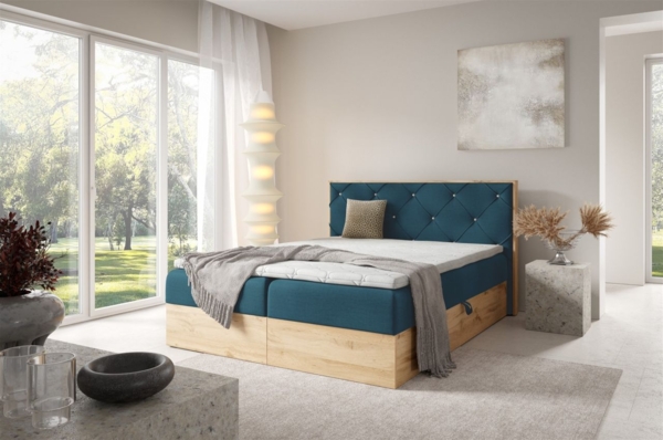 Boxspringbett Schlafzimmerbett HELIOS 120x200cm in Stoff Rouge Dunkelblau