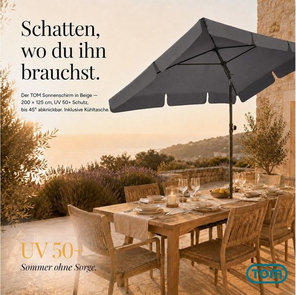 TOM Sonnenschirm 125x200 cm inklusive Kühltasche und Tragetasche, abknickbar, UV-Schutz: 50+, 180 g/m² Polyester