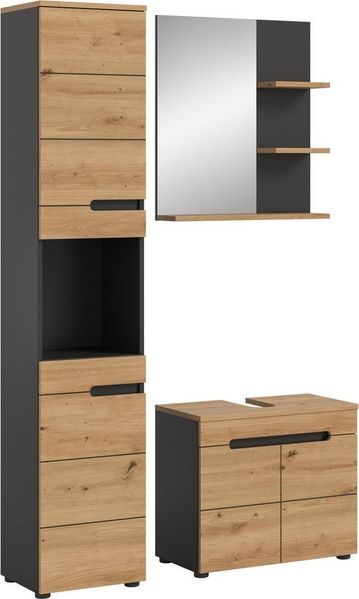 welltime Badmöbel-Set REHAT, 3-teilig, Breite 116 cm, mit grifflosen Fronten, bestehend aus:, (3-St), 1x Hochschrank, 1x Waschbeckenunterschrank & 1x Badspiegel