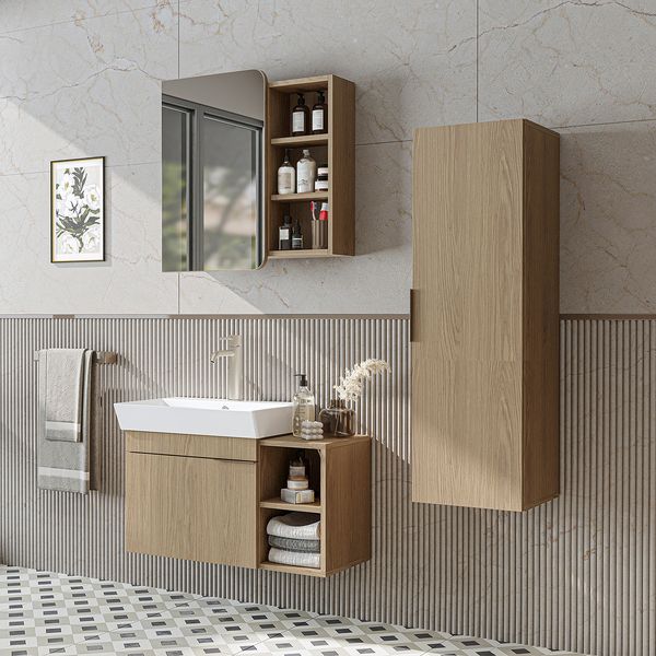 Roomart LYCIA-82 Badmöbel Set– 4-teiliges Badezimmermöbel Set - Waschbeckenunterschrank mit Keramikwaschbecken, Spiegelschrank & Hochschrank - H 9.5 x B 38.6 x T 50 cm • Eiche(Hell)
