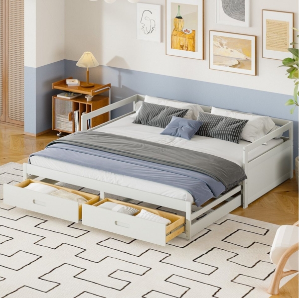 HAUSS SPOLE Schlafsofa Ausziehbares Schlafsofa 90/180 x 190 cm mit 2 Schubladen, weiß, 90/180*200 cm 1 Teile, mit Schubladen und Lattenrosten, Kiefernbett mit Stauraum