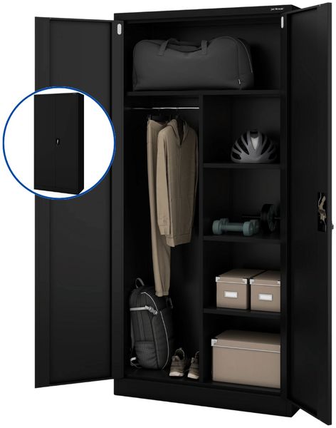 Mehrzweckschrank Metall abschließbar DAWID - Funktionaler Metallschrank | Schließfachschrank Putzmittelschrank Besenschrank Vorratsschrank, 185x90x45cm Schwarz
